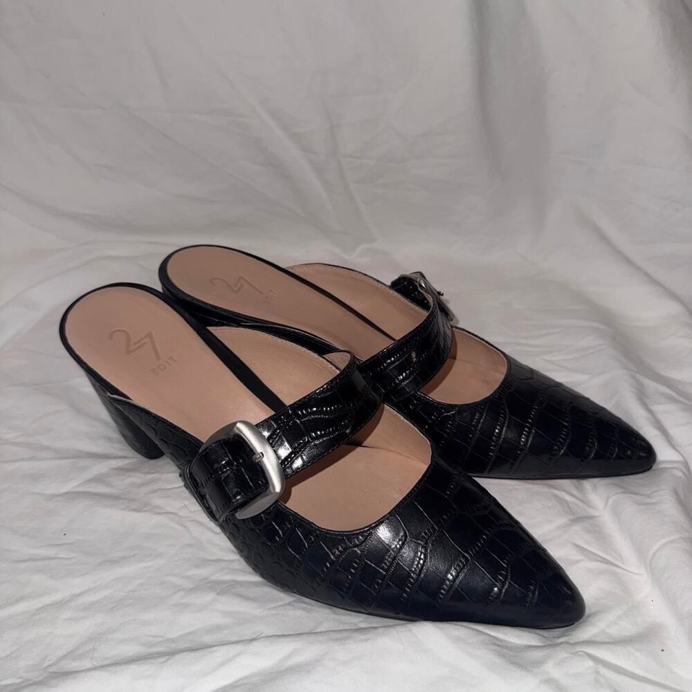 27 Edit Black Croc Print Kitten Heel Mules Silver Buckle Size 9